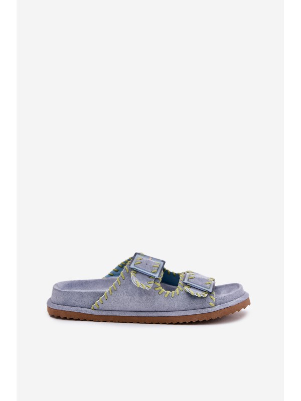 Ladies Slippers With Buckles And Decorative Edging Blue Visley