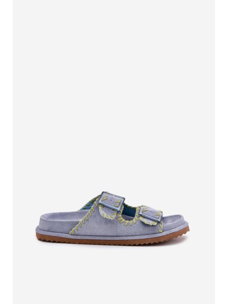Ladies Slippers With Buckles And Decorative Edging Blue Visley