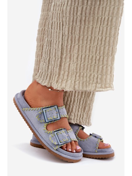 Ladies Slippers With Buckles And Decorative Edging Blue Visley