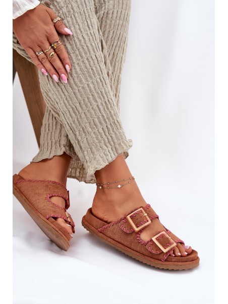 Women's Sandals With Buckles And Decorative Stitching Camel Visley