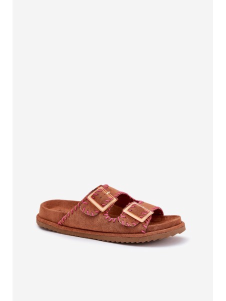 Women's Sandals With Buckles And Decorative Stitching Camel Visley