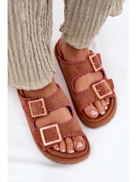 Women's Sandals With Buckles And Decorative Stitching Camel Visley