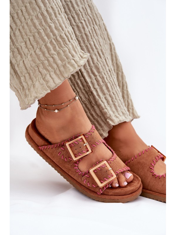 Women's Sandals With Buckles And Decorative Stitching Camel Visley