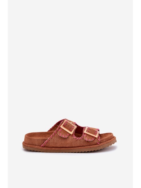 Women's Sandals With Buckles And Decorative Stitching Camel Visley