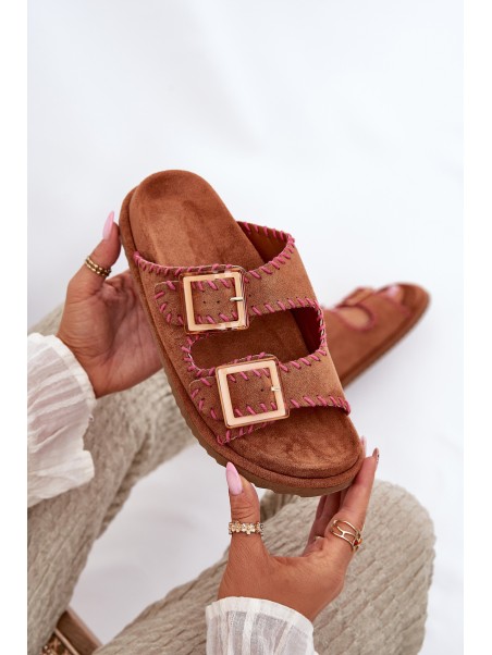 Women's Sandals With Buckles And Decorative Stitching Camel Visley