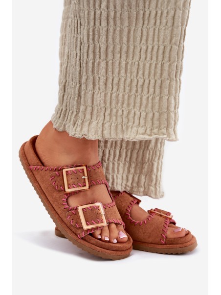 Women's Sandals With Buckles And Decorative Stitching Camel Visley