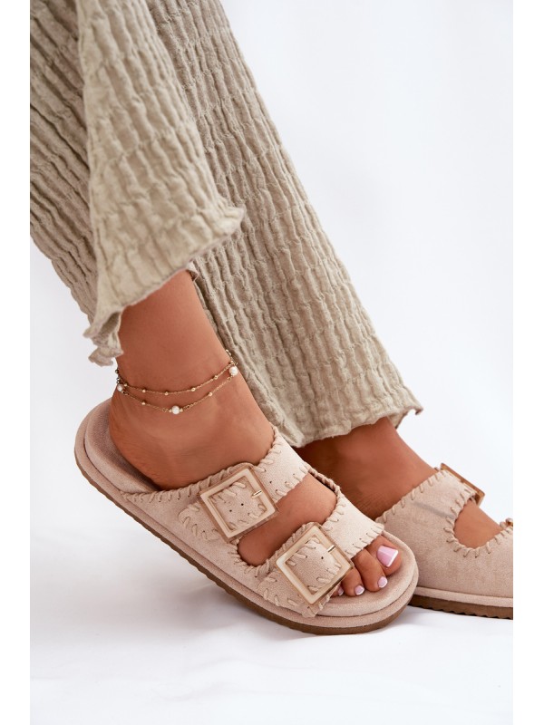 Women's Sandals With Buckles And Decorative Stitching Beige Visley