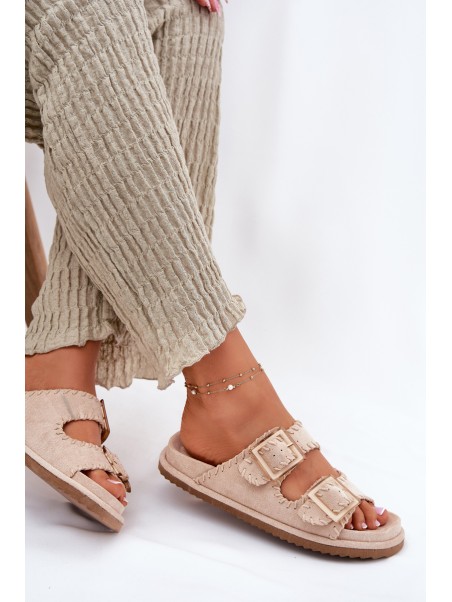 Women's Sandals With Buckles And Decorative Stitching Beige Visley