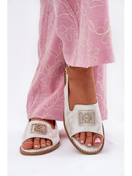Elegant Women's Sandals On Flat Heel With Decoration S.Barski KV51-082 Silver