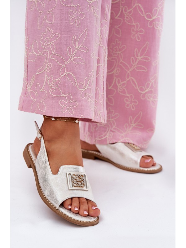 Elegant Women's Sandals On Flat Heel With Decoration S.Barski KV51-082 Silver 2
