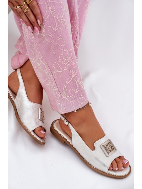 Elegant Women's Sandals On Flat Heel With Decoration S.Barski KV51-082 Silver