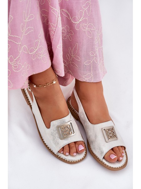 Elegant Women's Sandals On Flat Heel With Decoration S.Barski KV51-082 Silver