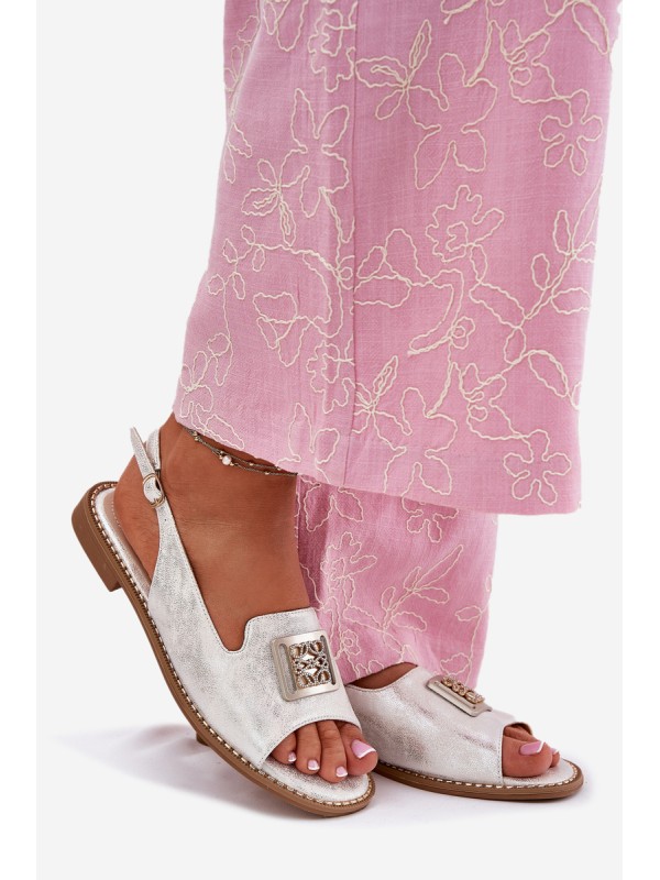 Elegant Women's Sandals On Flat Heel With Decoration S.Barski KV51-082 Silver