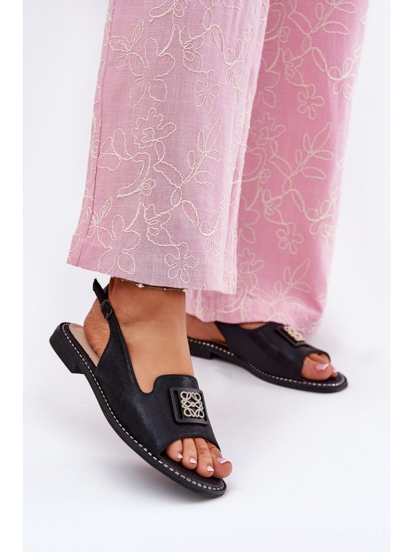 Elegant Women's Sandals On Flat Heel With Decoration S.Barski KV51-082 Black