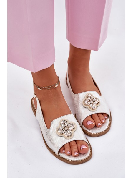 Ladies Sandals On Flat Heel With Decorative Detail S.Barski KV51-080 Silver
