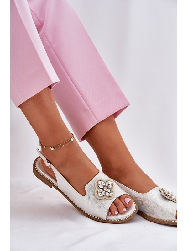 Ladies Sandals On Flat Heel With Decorative Detail S.Barski KV51-080 Silver