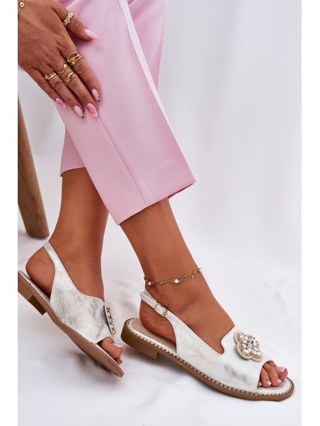 Ladies Sandals On Flat Heel With Decorative Detail S.Barski KV51-080 Silver