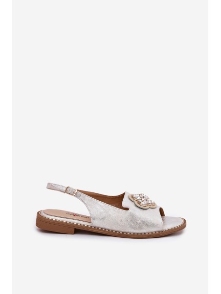 Ladies Sandals On Flat Heel With Decorative Detail S.Barski KV51-080 Silver