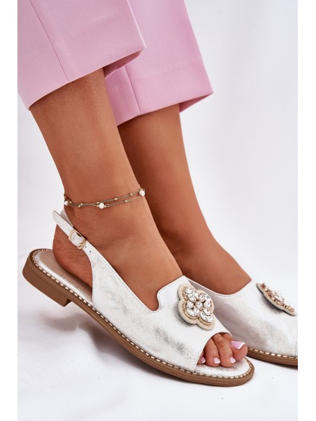 Ladies Sandals On Flat Heel With Decorative Detail S.Barski KV51-080 Silver