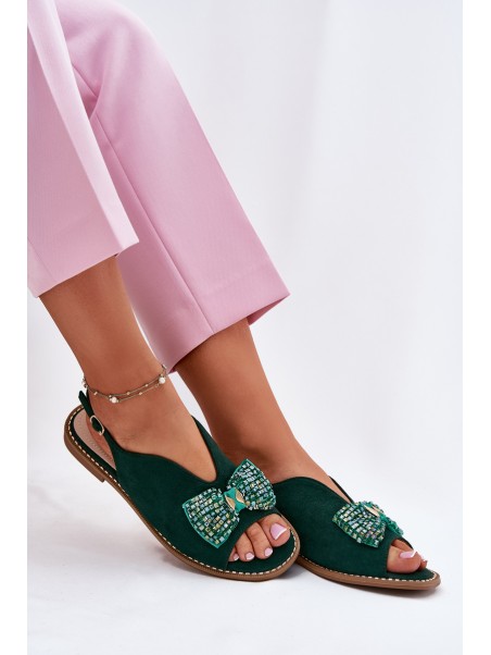 Womens Sandals With Bow On Flat Heel S.Barski KV51-014 Green