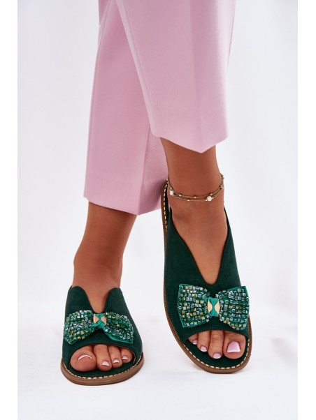 Womens Sandals With Bow On Flat Heel S.Barski KV51-014 Green