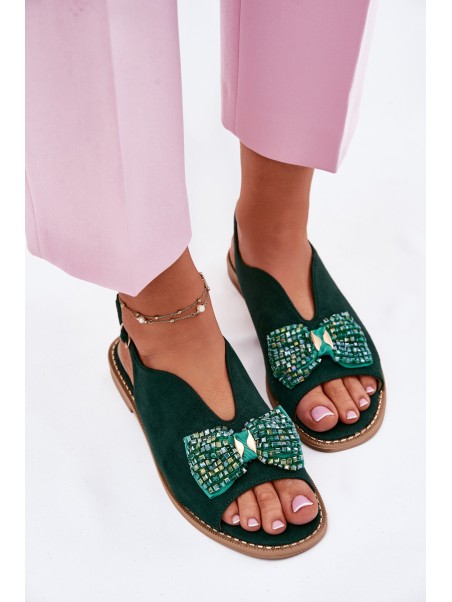 Womens Sandals With Bow On Flat Heel S.Barski KV51-014 Green