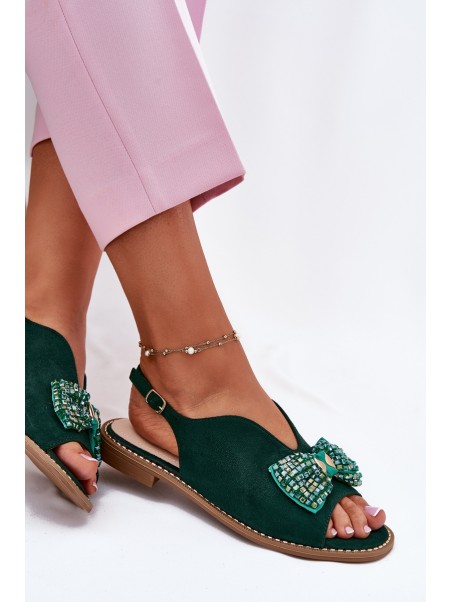 Womens Sandals With Bow On Flat Heel S.Barski KV51-014 Green