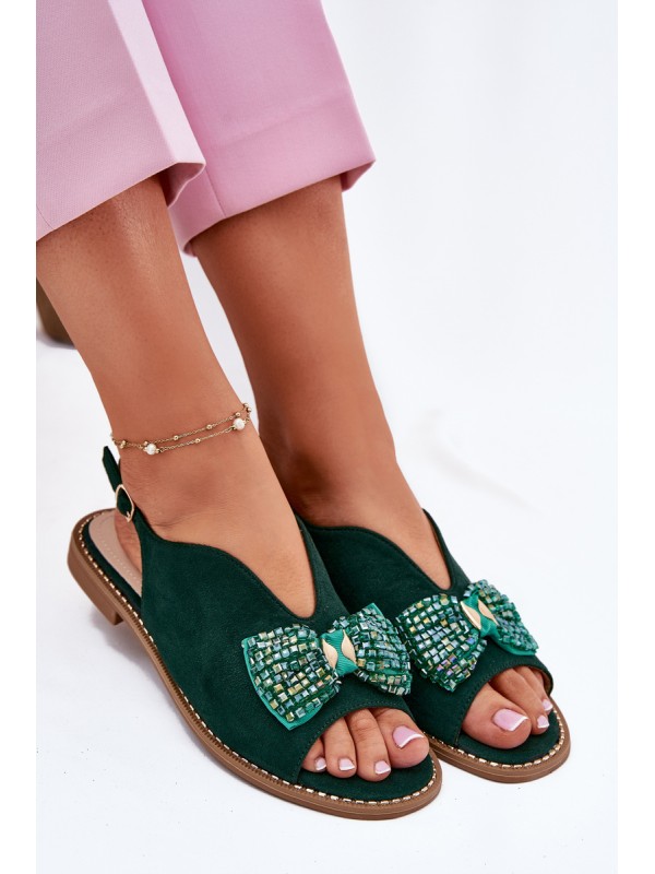 Womens Sandals With Bow On Flat Heel S.Barski KV51-014 Green