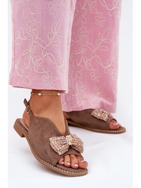 Womens Sandals With Bow On Flat Heel Beige S.Barski KV51-014