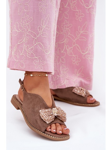 Womens Sandals With Bow On Flat Heel Beige S.Barski KV51-014