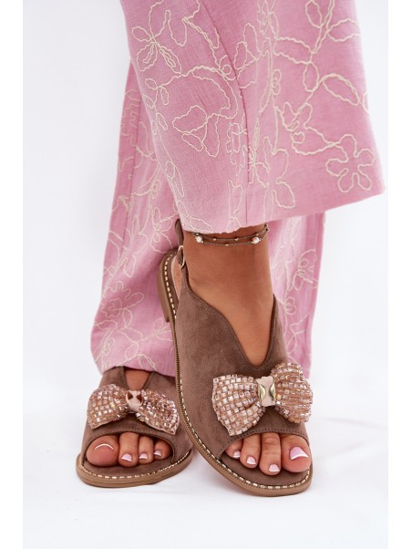 Womens Sandals With Bow On Flat Heel Beige S.Barski KV51-014
