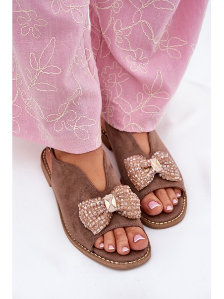 Womens Sandals With Bow On Flat Heel Beige S.Barski KV51-014