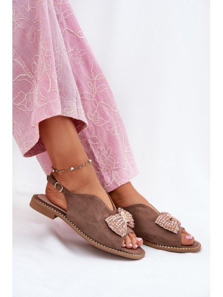 Womens Sandals With Bow On Flat Heel Beige S.Barski KV51-014