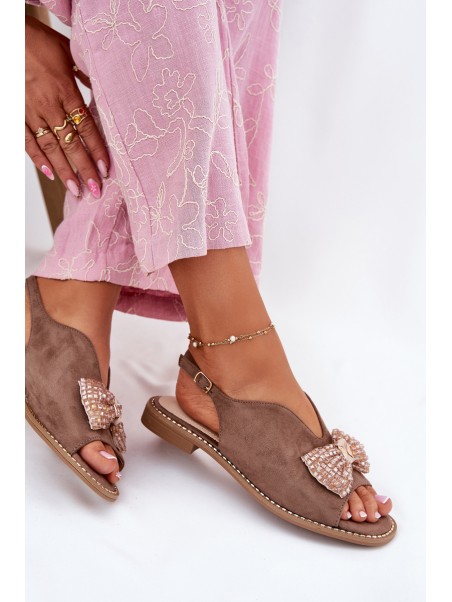 Womens Sandals With Bow On Flat Heel Beige S.Barski KV51-014