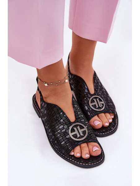 Leather Sandals On Flat Heel With Decoration S.Barski KV51-094 Black