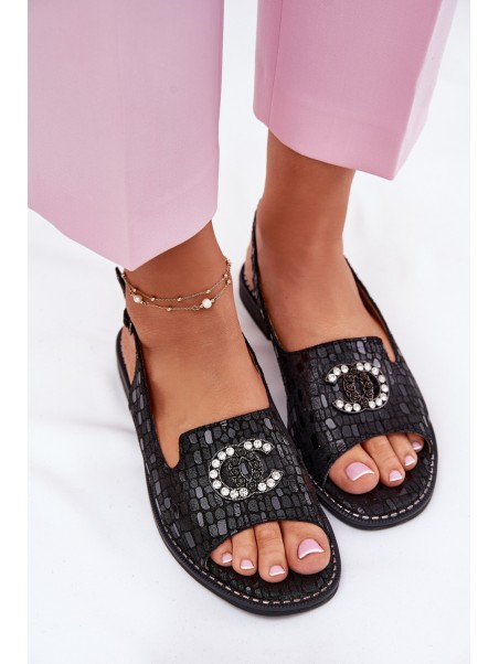 Leather Sandals With Decoration On Flat Heel S.Barski KV51-096 Black