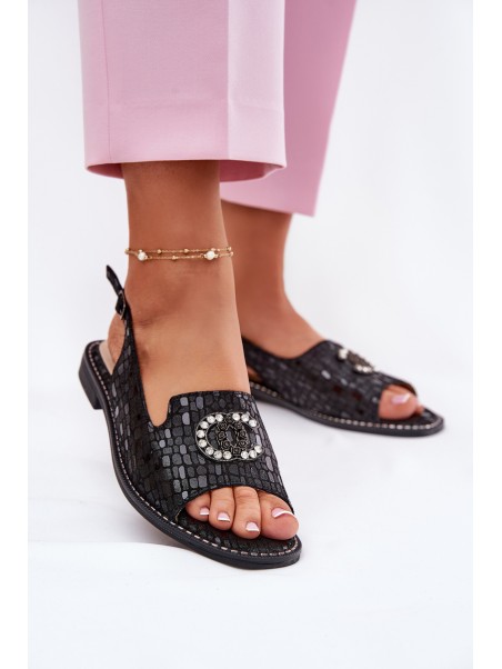 Leather Sandals With Decoration On Flat Heel S.Barski KV51-096 Black