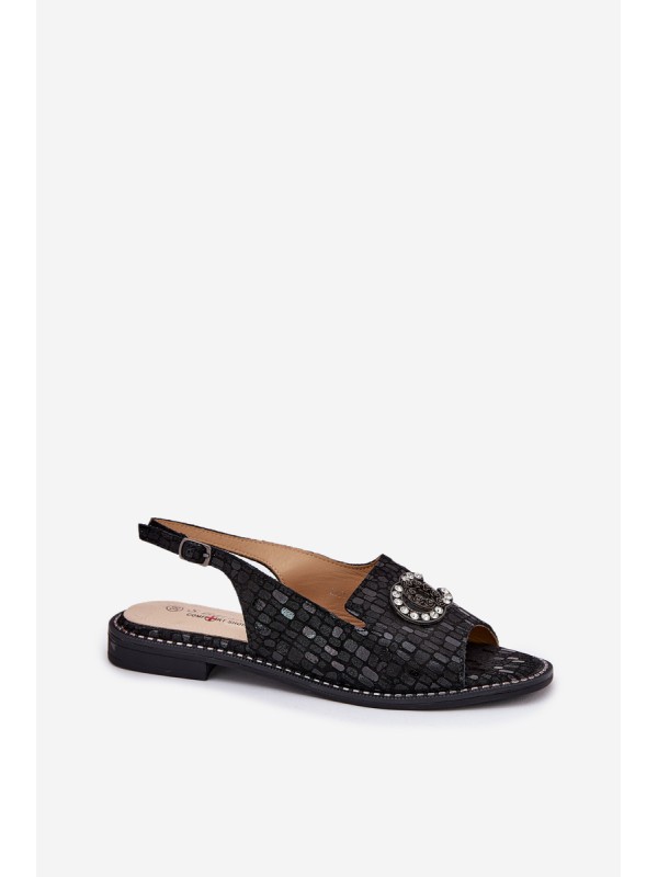 Leather Sandals With Decoration On Flat Heel S.Barski KV51-096 Black