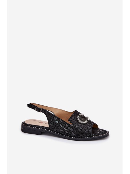 Leather Sandals With Decoration On Flat Heel S.Barski KV51-096 Black
