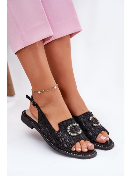 Leather Sandals With Decoration On Flat Heel S.Barski KV51-096 Black