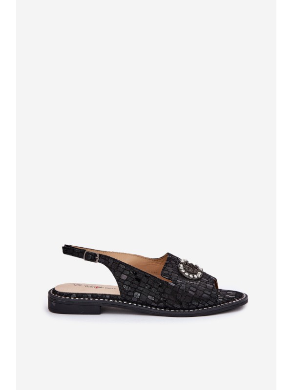 Leather Sandals With Decoration On Flat Heel S.Barski KV51-096 Black