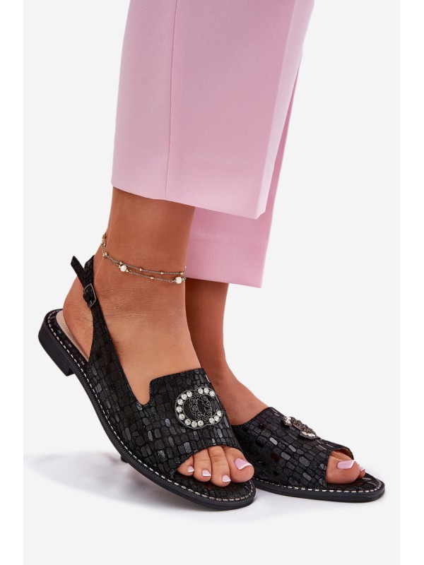 Leather Sandals With Decoration On Flat Heel S.Barski KV51-096 Black