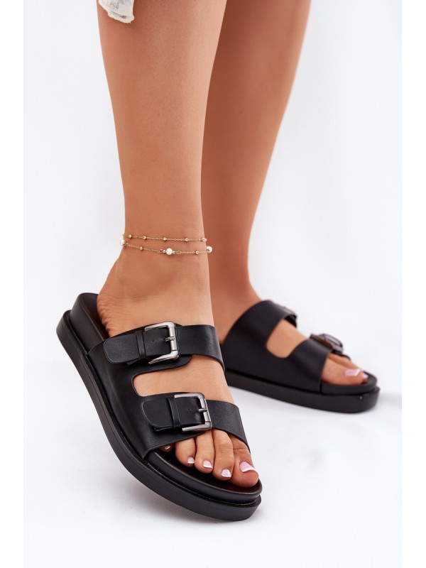 Women's Slippers With Golden Buckles Black Sonarea