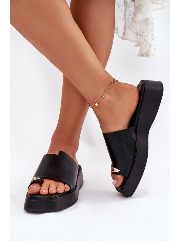 Ladies Platform Slippers With Decorative Detail Black Linosea