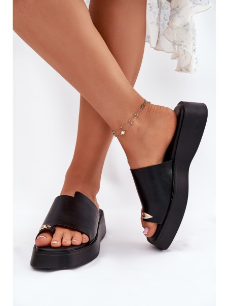 Ladies Platform Slippers With Decorative Detail Black Linosea