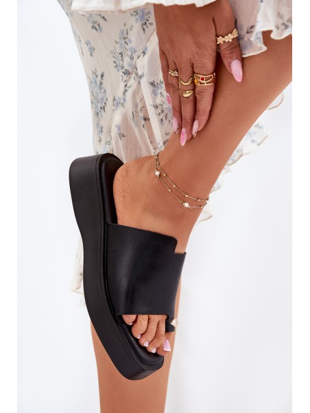 Ladies Platform Slippers With Decorative Detail Black Linosea
