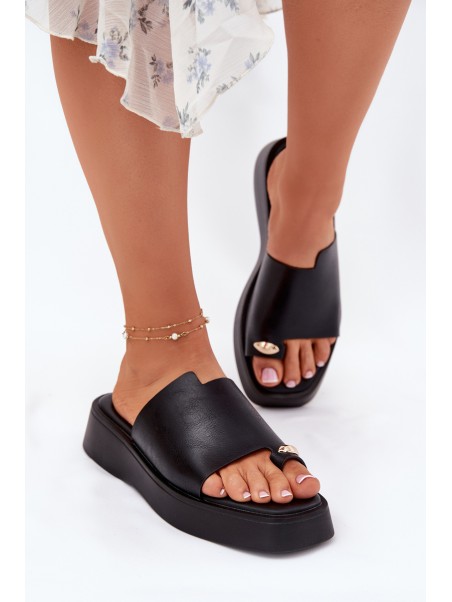Ladies Platform Slippers With Decorative Detail Black Linosea