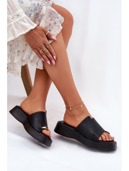 Ladies Platform Slippers With Decorative Detail Black Linosea