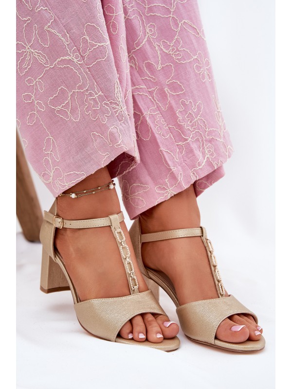 Women's Sandals On A Heel With A Decorative Strap Eco Leather Gold Triavera