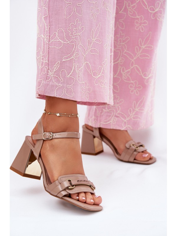 Leather patent women's sandals on heel beige Mevonelle